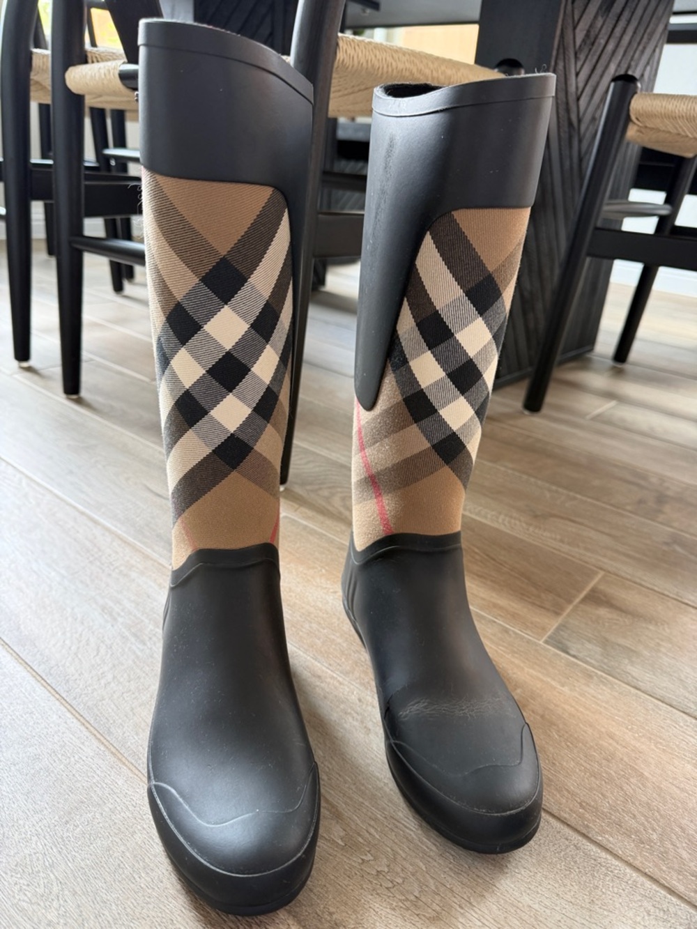 Burberry Black and Beige Plaid Rain Boots